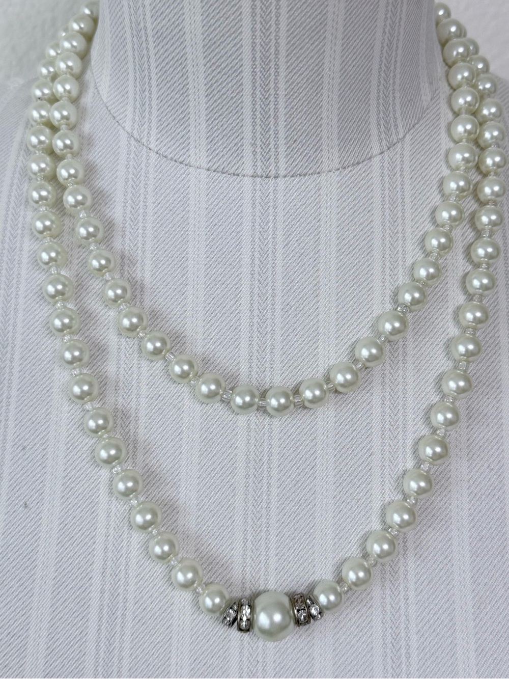 Vintage Glass Pearl Strand Necklace with Rhinestone Rondelle Accents 38”
